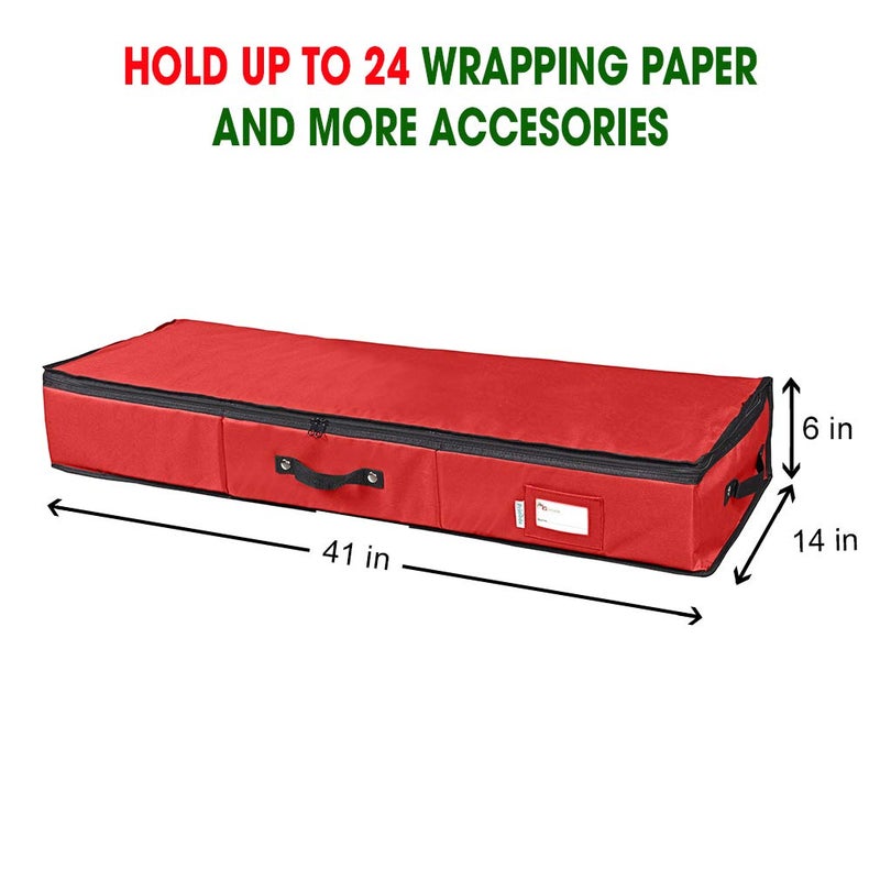 Primode Wrapping Paper Storage Container | Gift Wrap Organizer Under Bed | 41â€x14â€x6â€ | Fits 18-24 Rolls Up to 40â€ | 600D Oxford | Box Holder with Pockets for Ribbon, Bows and Accessories (Red) - Image 2